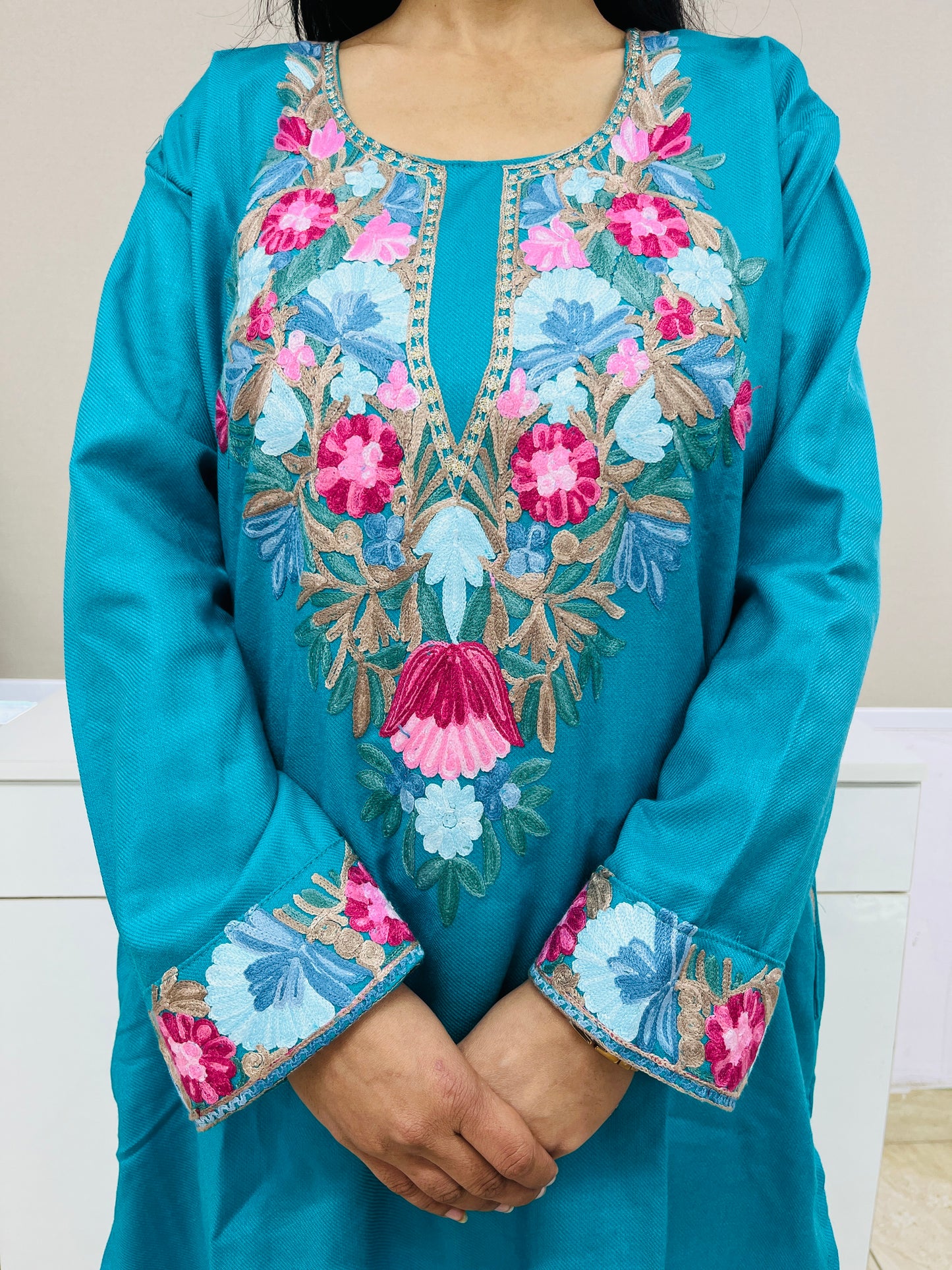 Turquoise Kashmiri Aari Woollen Co-ord Set