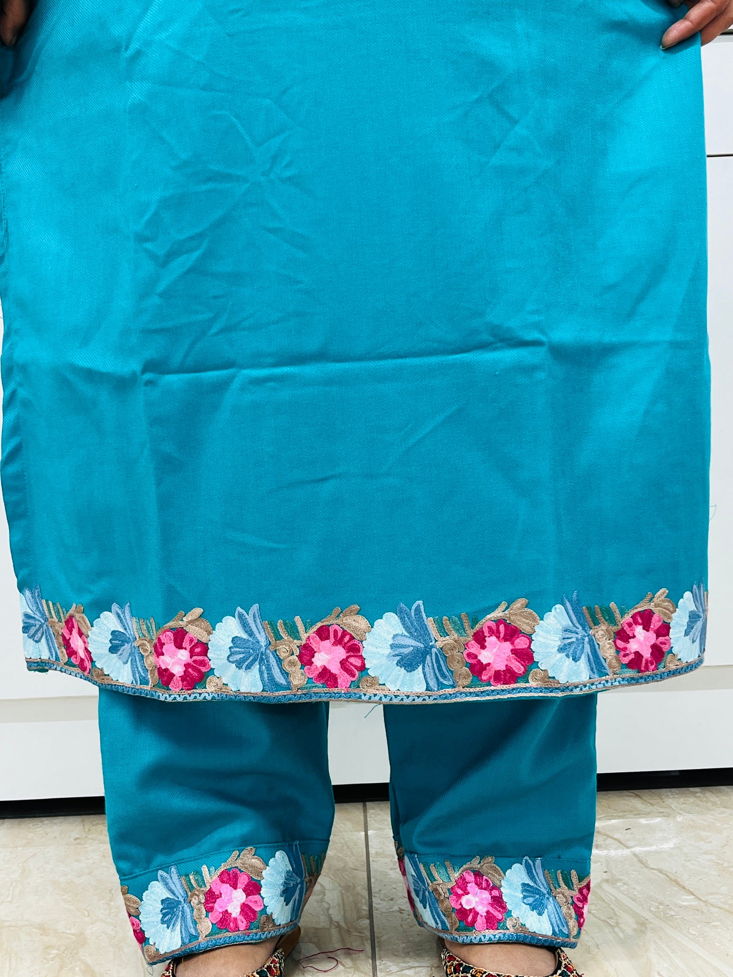 Turquoise Kashmiri Aari Woollen Co-ord Set