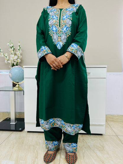 Bottle Green Kashmiri Aari Woollen Co-ord Set