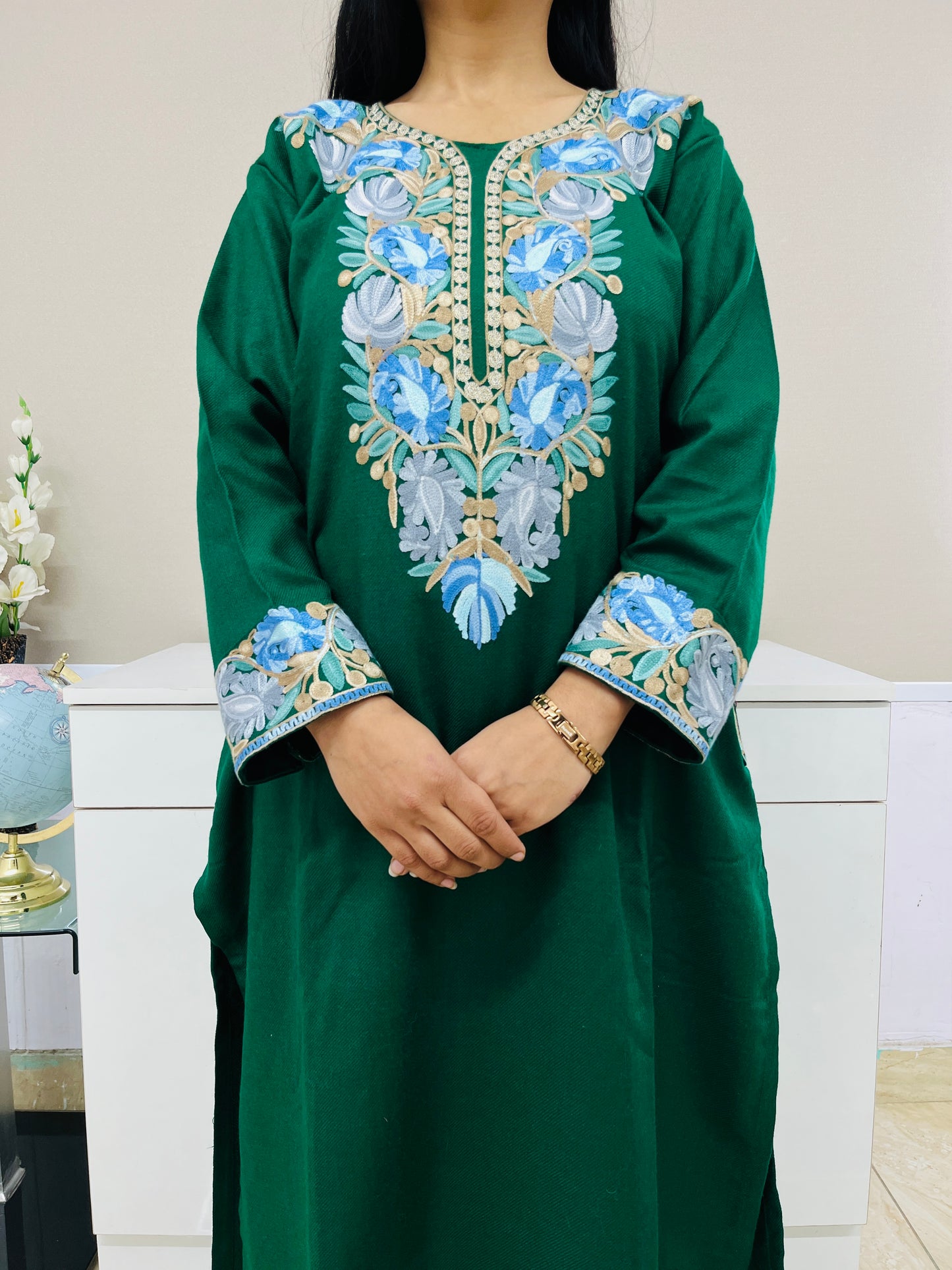 Bottle Green Kashmiri Aari Woollen Co-ord Set