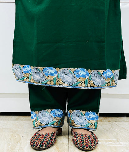 Bottle Green Kashmiri Aari Woollen Co-ord Set