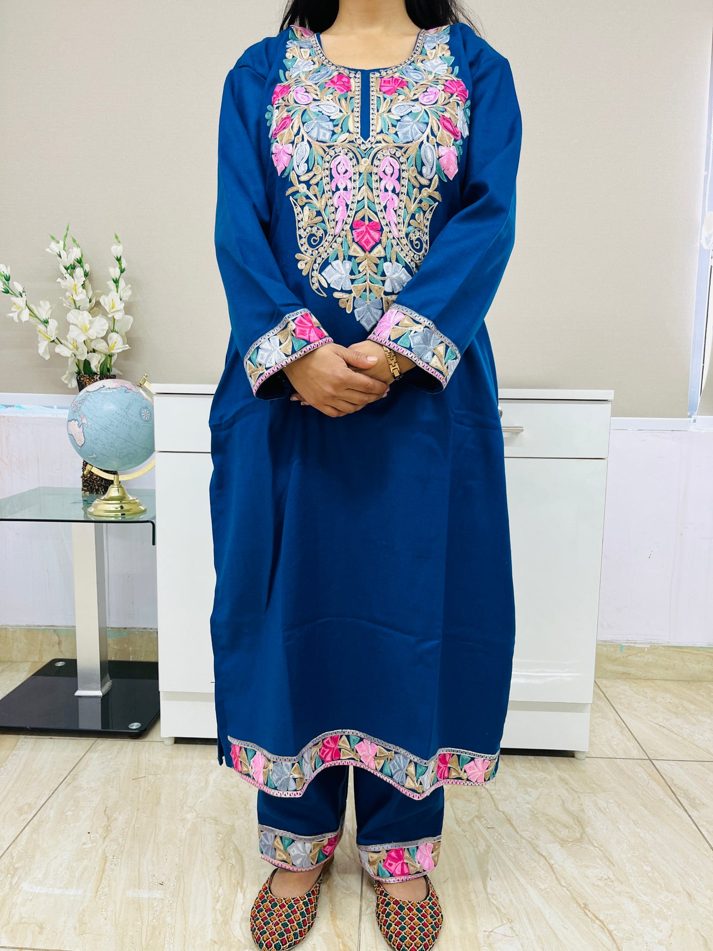 Sapphire Blue Kashmiri Aari Woollen Co-ord Set