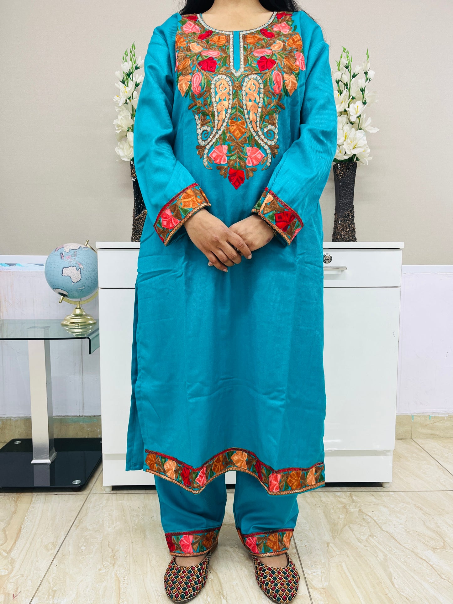 Turquoise Kashmiri Aari and Zari Woollen Co-ord Set