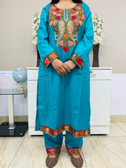 Turquoise Kashmiri Aari and Zari Woollen Co-ord Set