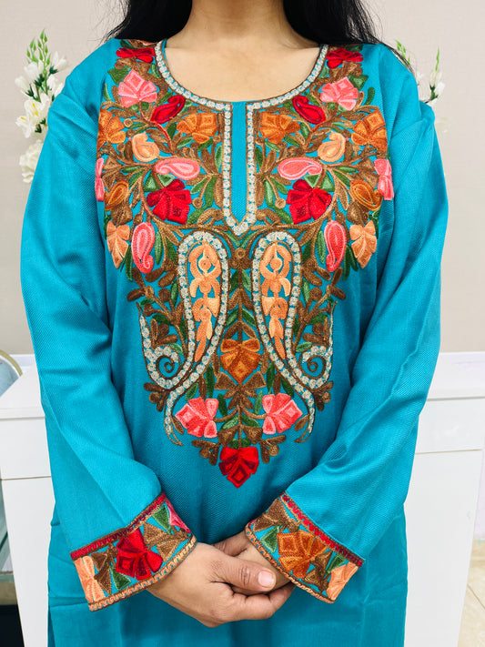 Turquoise Kashmiri Aari and Zari Woollen Co-ord Set