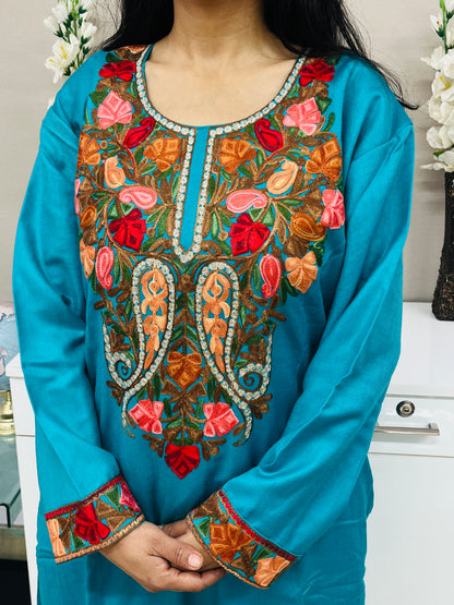 Turquoise Kashmiri Aari and Zari Woollen Co-ord Set