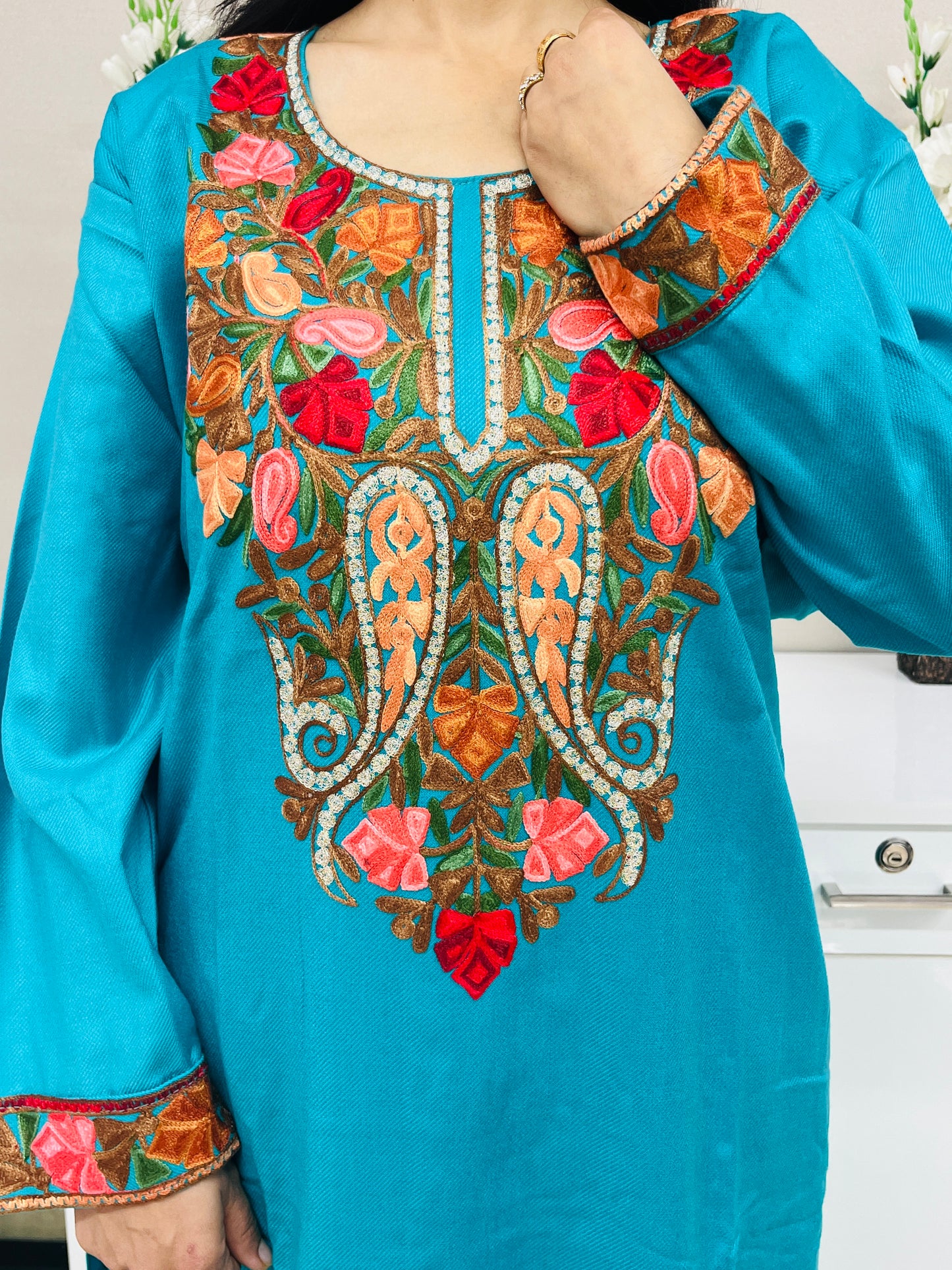 Turquoise Kashmiri Aari and Zari Woollen Co-ord Set