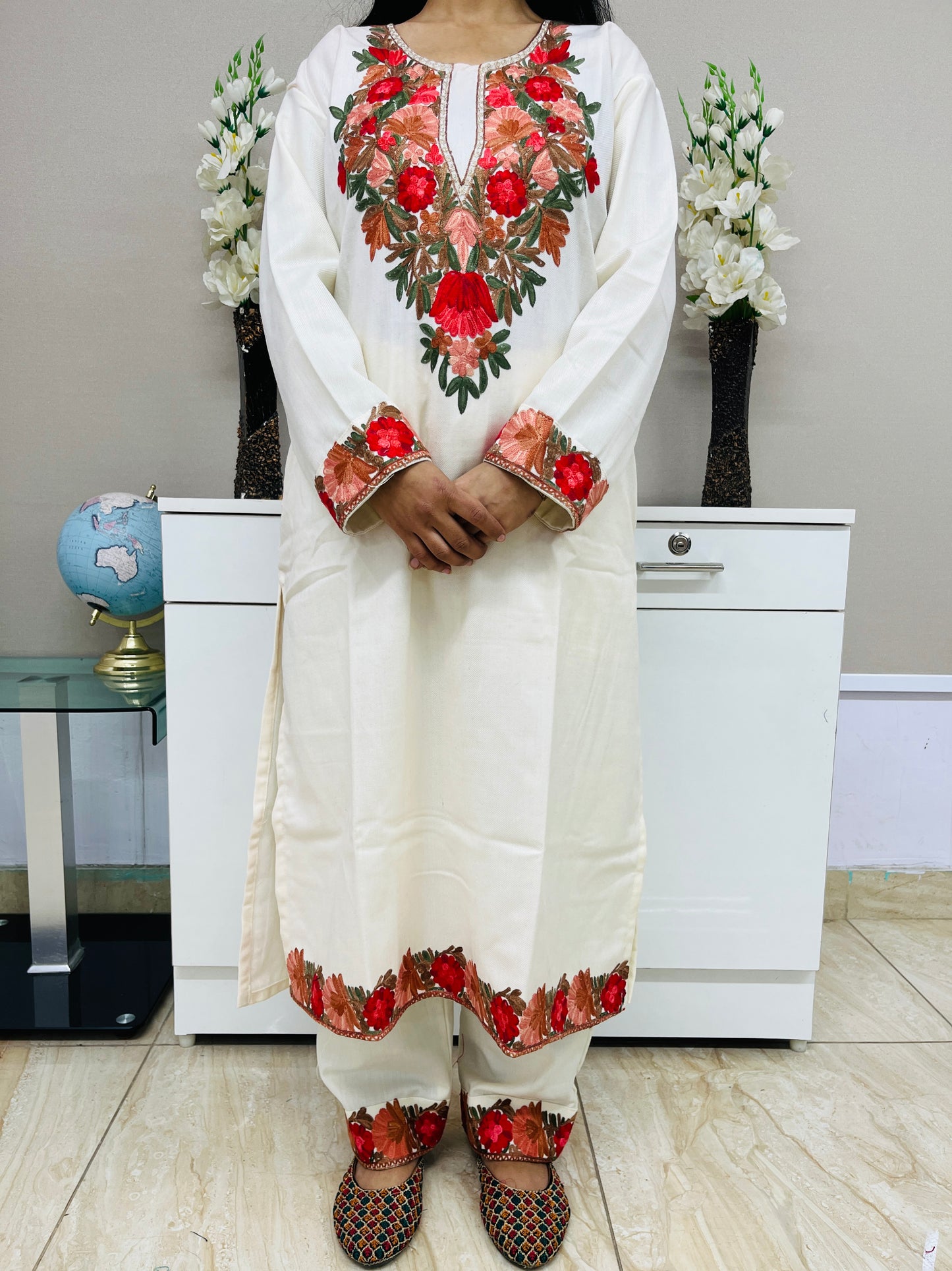 Off white Kashmiri Red Aari Embroidered Woollen Co-ord Set