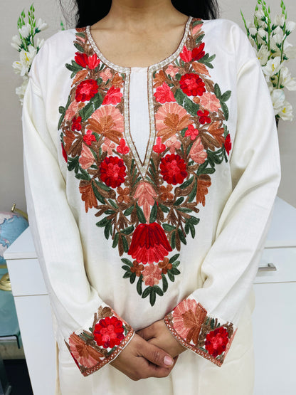 Off white Kashmiri Red Aari Embroidered Woollen Co-ord Set