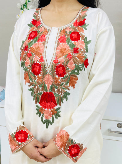 Off white Kashmiri Red Aari Embroidered Woollen Co-ord Set