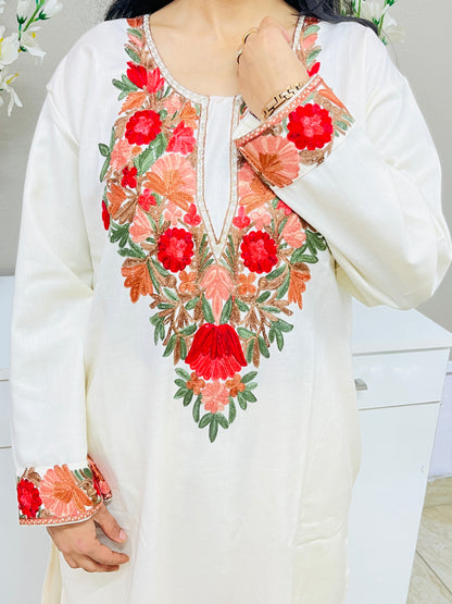 Off white Kashmiri Red Aari Embroidered Woollen Co-ord Set