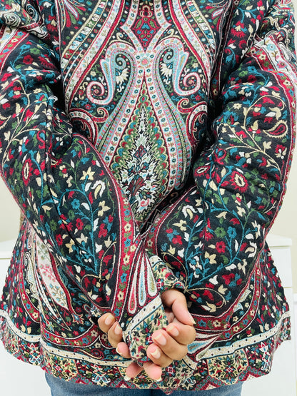 Blue and Multicolour Women Kani Embroidered Short Jacket