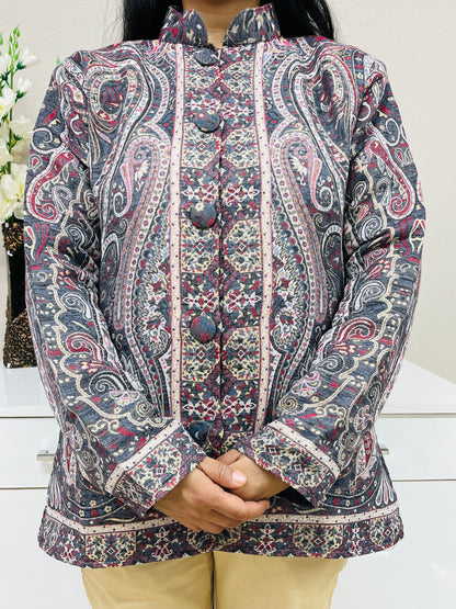 Grey and Multicolour Women Kani Embroidered Short Jacket