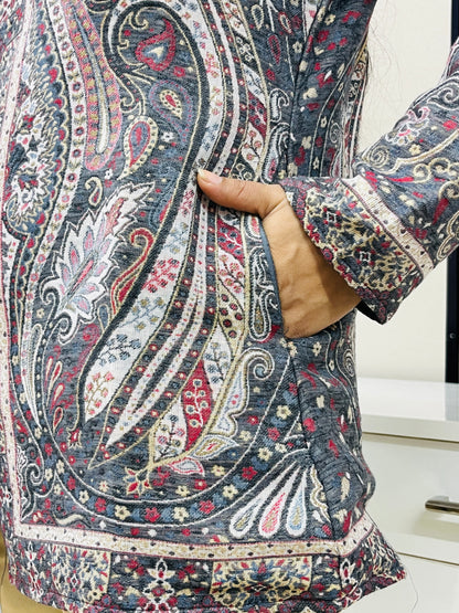 Grey and Multicolour Women Kani Embroidered Short Jacket