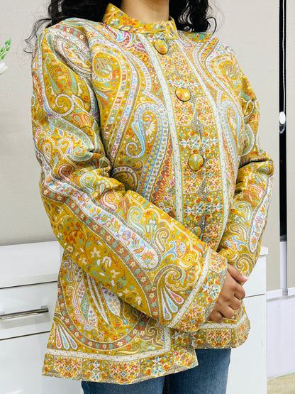 Yellow and Multicolour Women Kani Embroidered Short Jacket