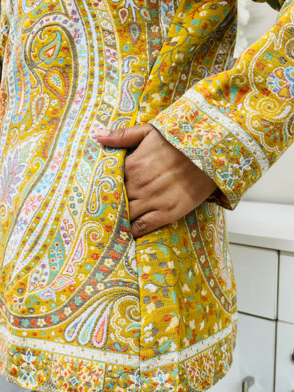 Yellow and Multicolour Women Kani Embroidered Short Jacket