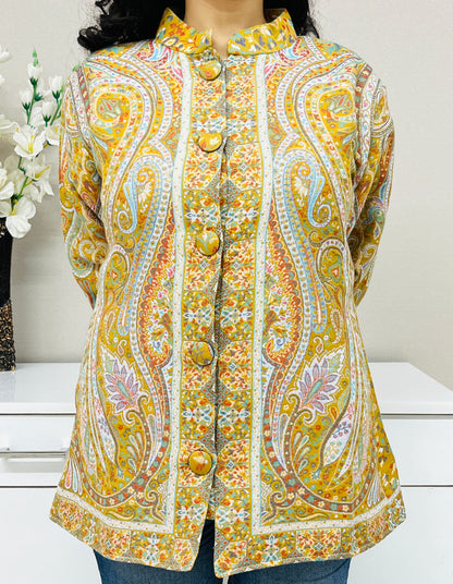 Yellow and Multicolour Women Kani Embroidered Short Jacket