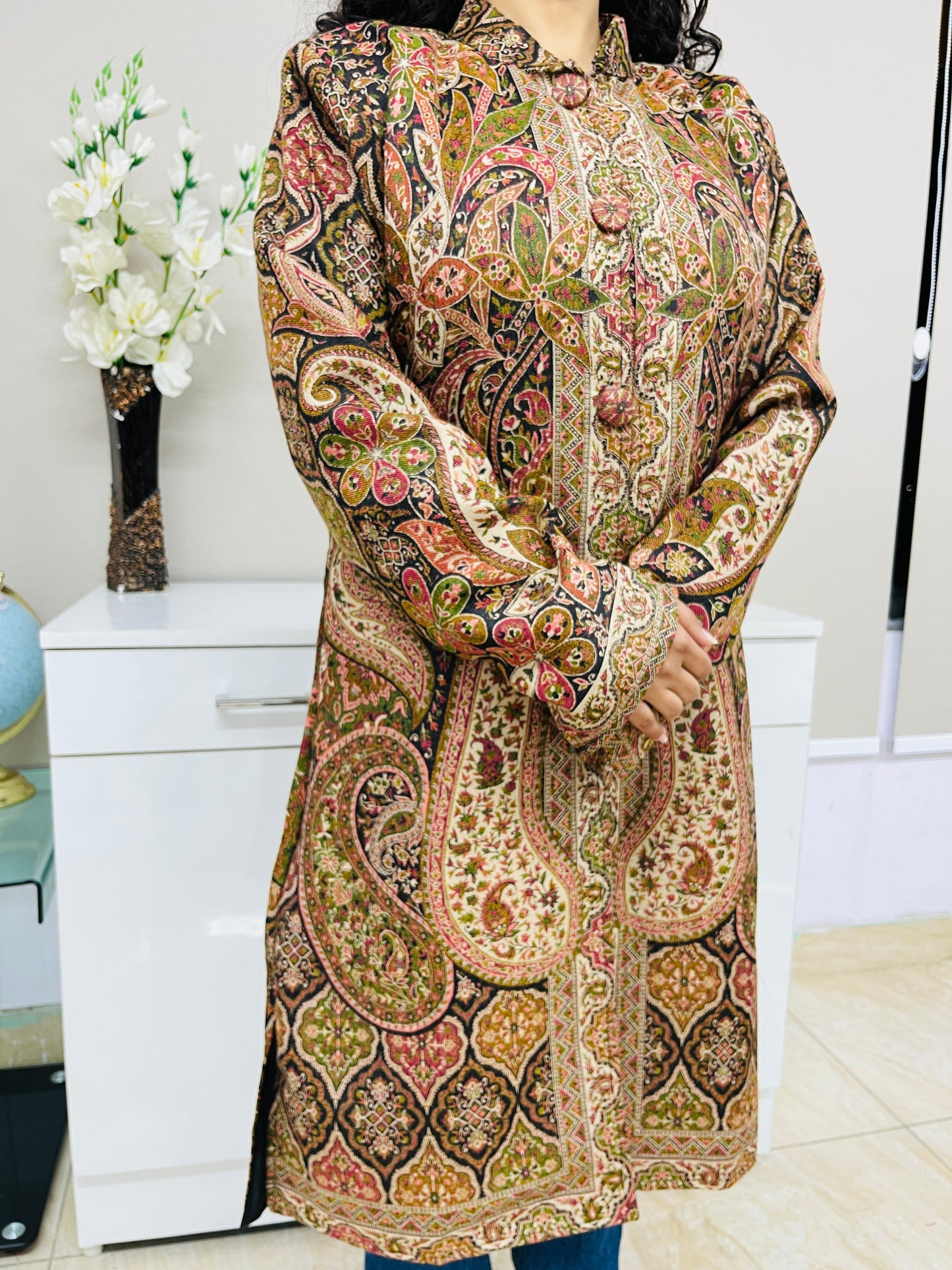 Black and Multicolour Women Kani Embroidered Long Jacket