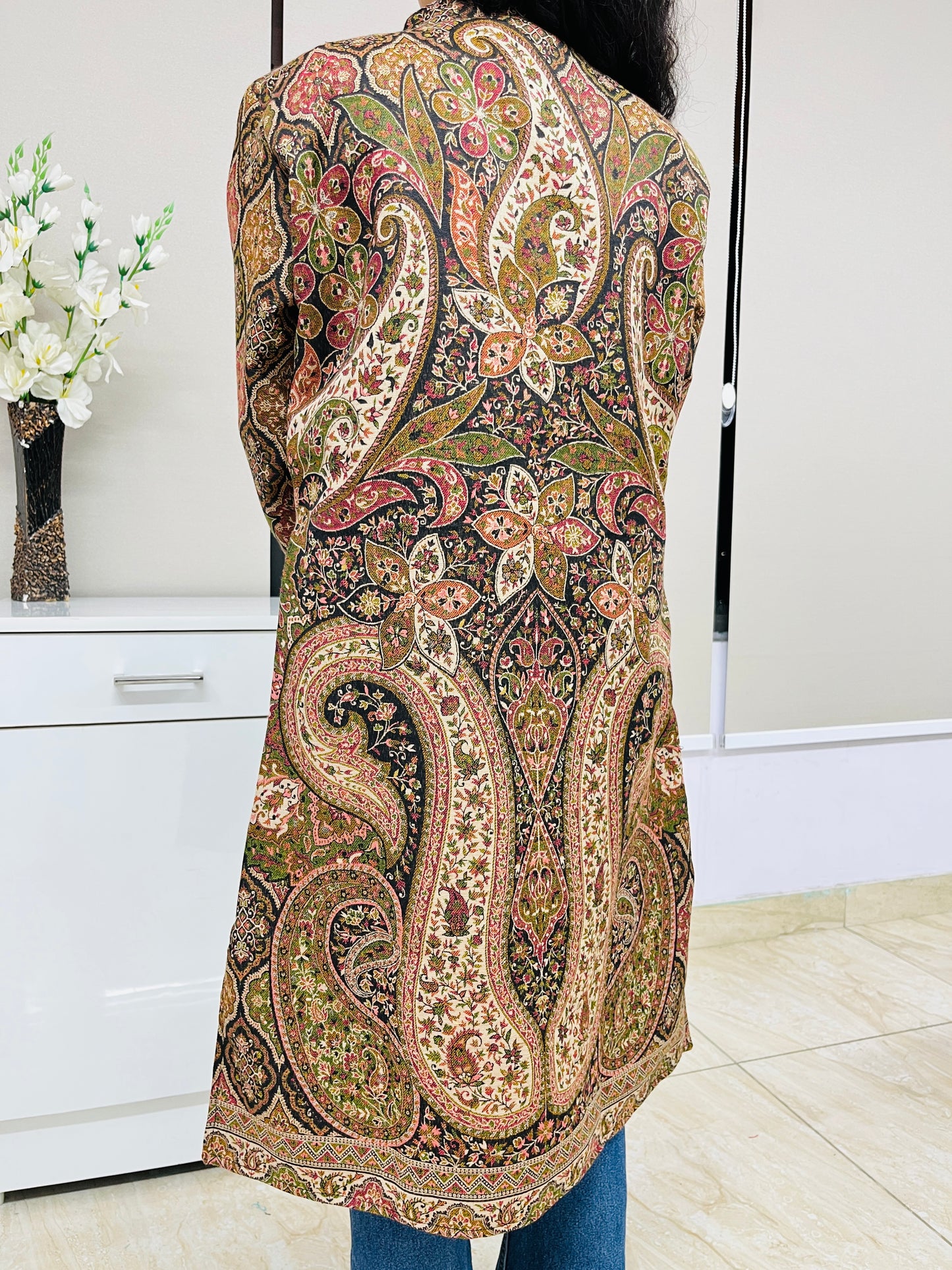 Black and Multicolour Women Kani Embroidered Long Jacket