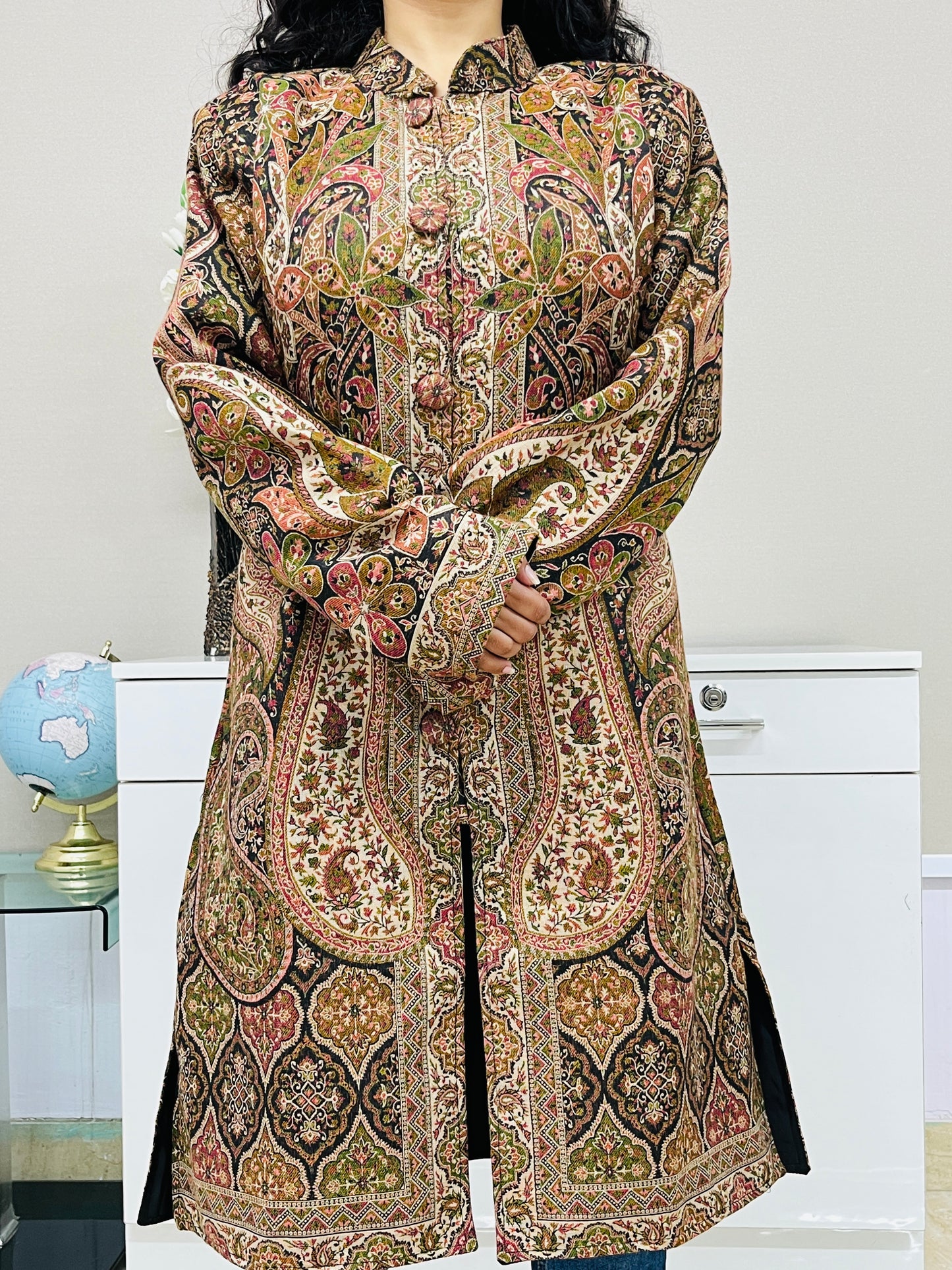 Black and Multicolour Women Kani Embroidered Long Jacket