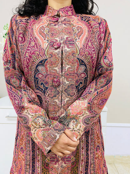 Pink and Multicolour Women Kani Embroidered Long Jacket