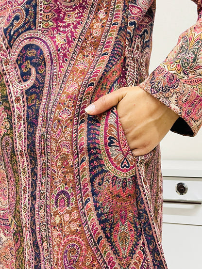 Pink and Multicolour Women Kani Embroidered Long Jacket