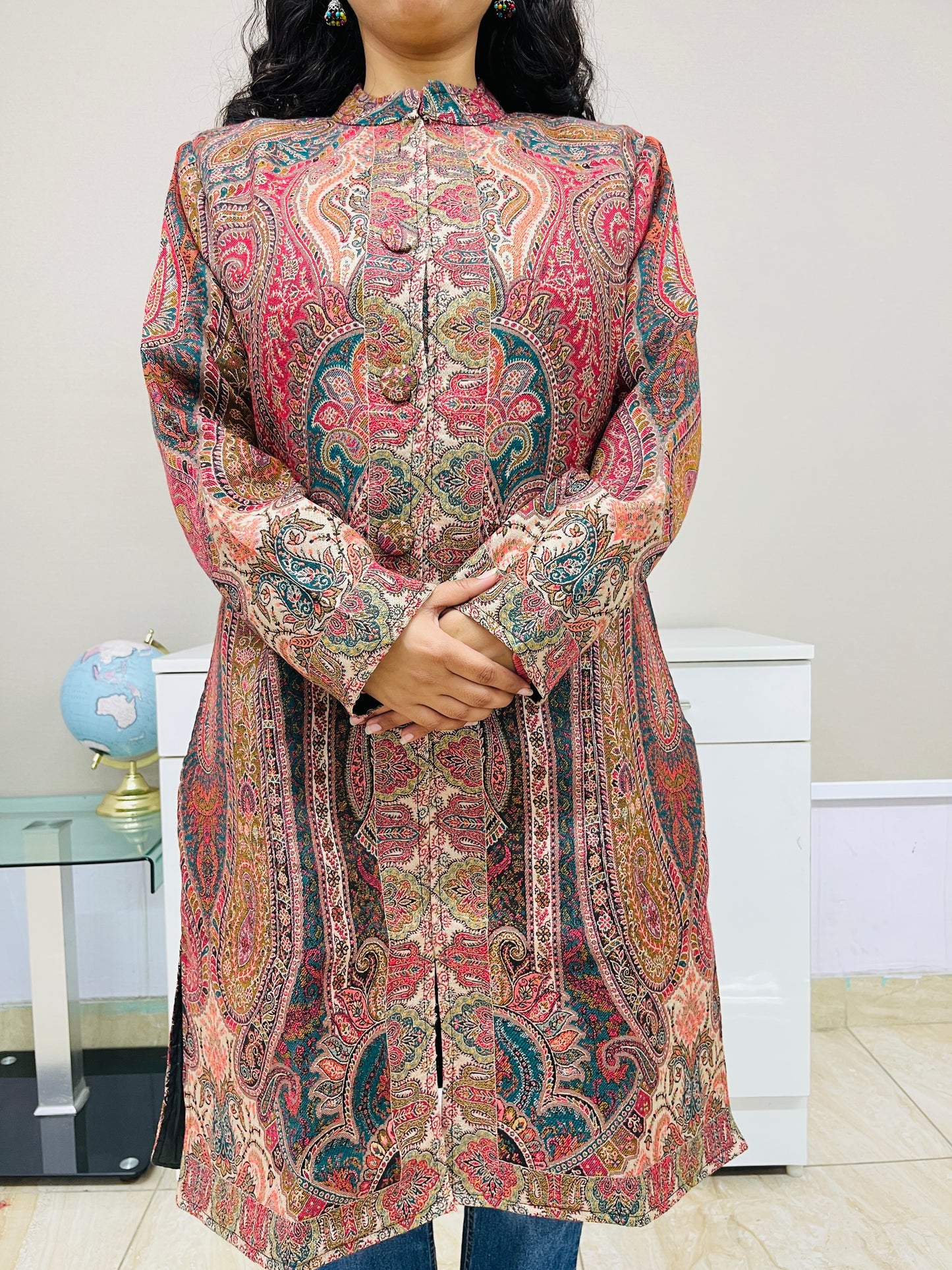 Red and Multicolour Women Kani Embroidered Long Jacket