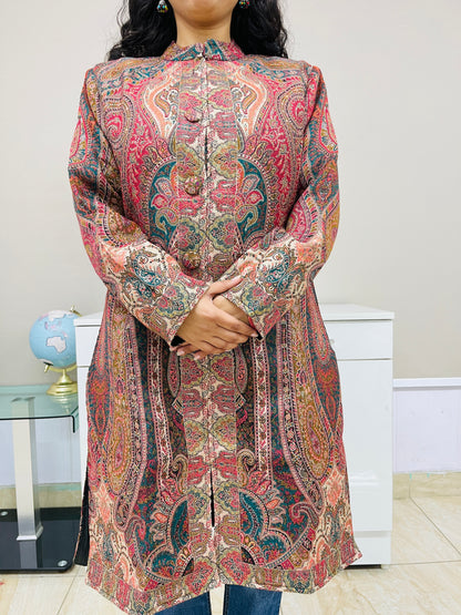 Red and Multicolour Women Kani Embroidered Long Jacket