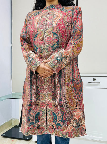 Red and Multicolour Women Kani Embroidered Long Jacket