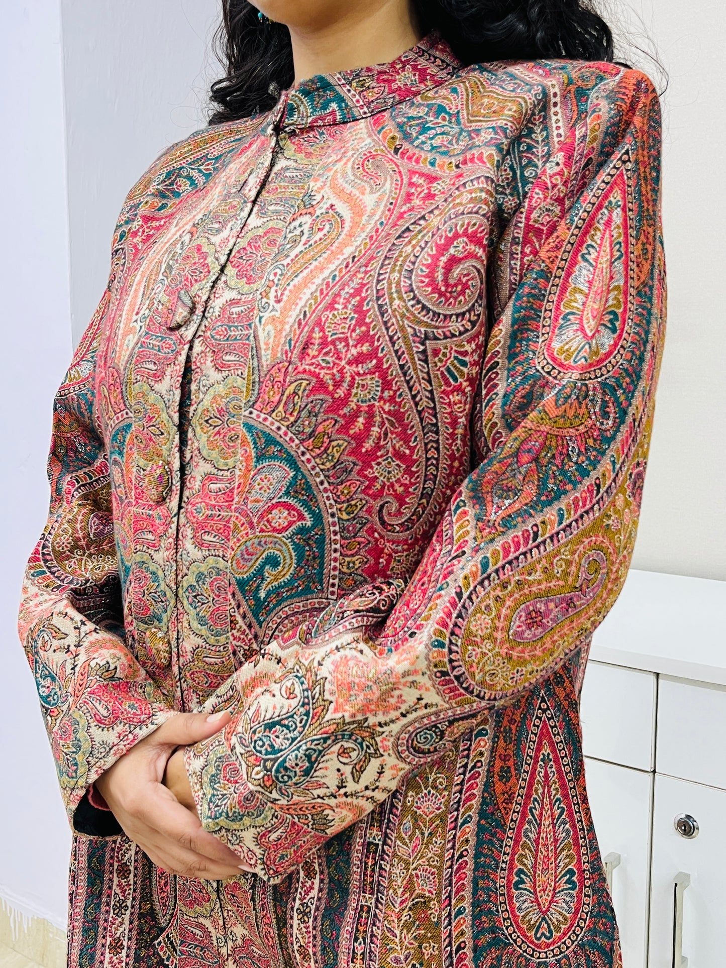 Red and Multicolour Women Kani Embroidered Long Jacket