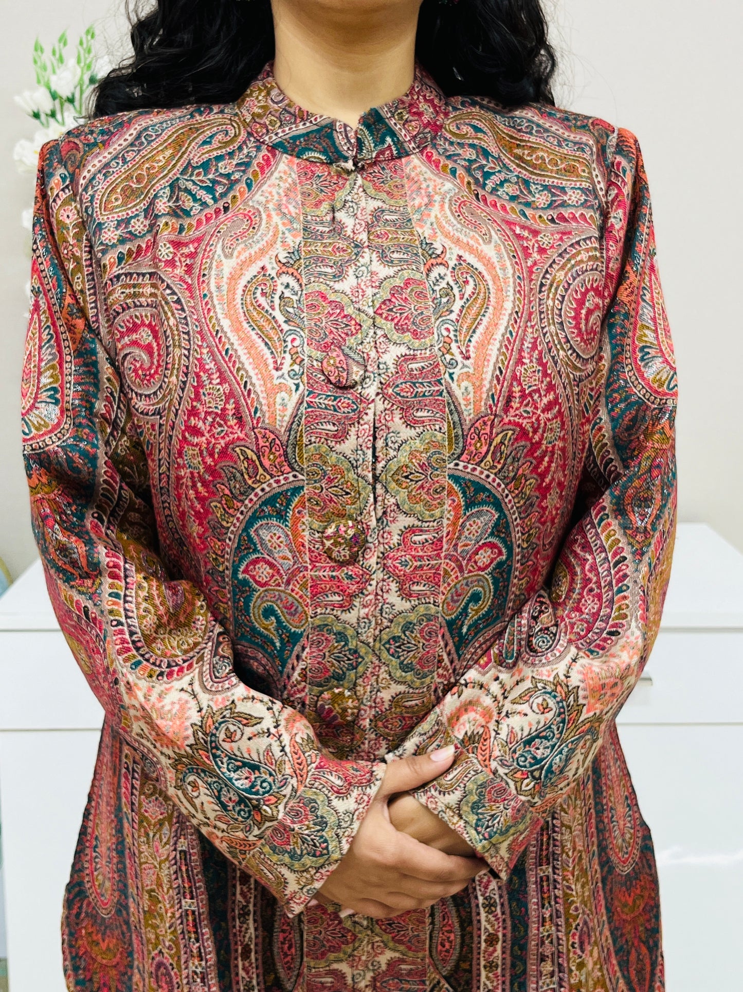 Red and Multicolour Women Kani Embroidered Long Jacket