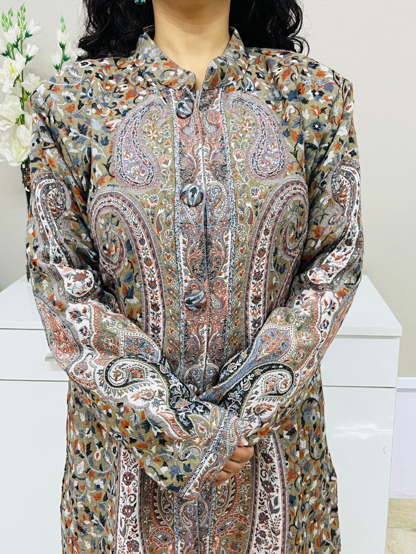 Olive Green and Multicolour Women Kani Embroidered Long Jacket