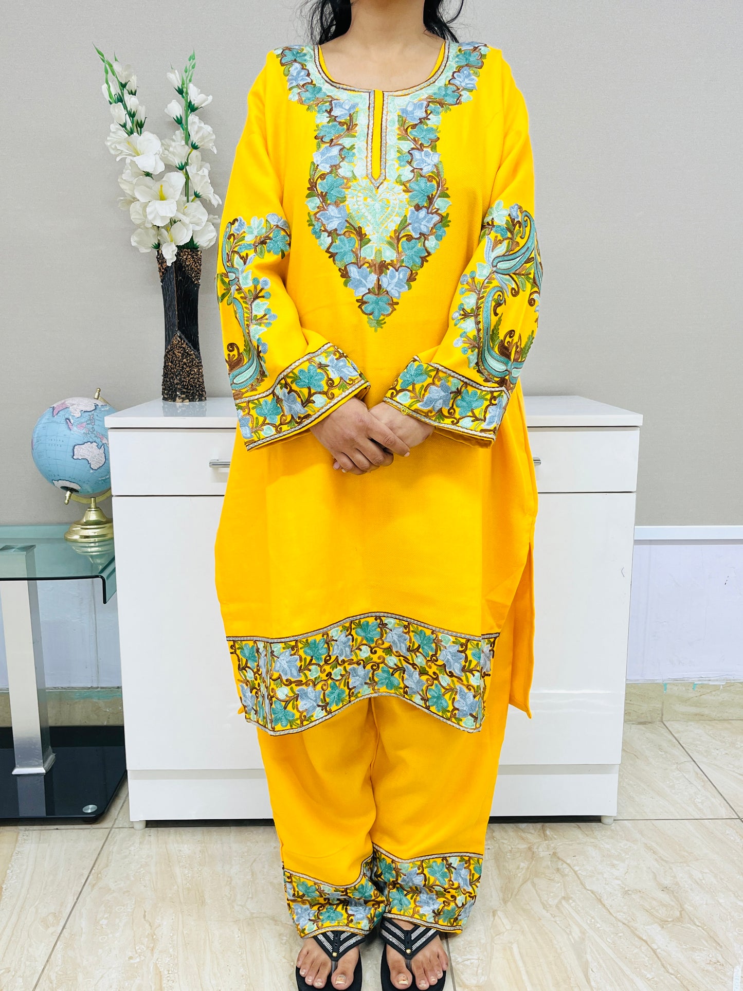 Yellow Kashmiri Aari Woollen Short Co-ord Set