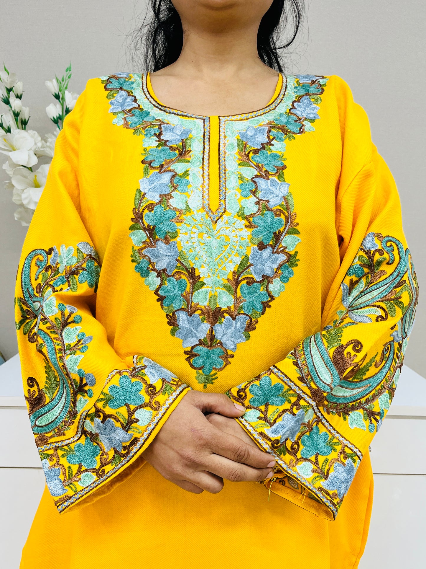 Yellow Kashmiri Aari Woollen Short Co-ord Set