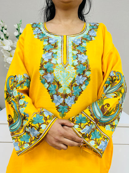 Yellow Kashmiri Aari Woollen Short Co-ord Set