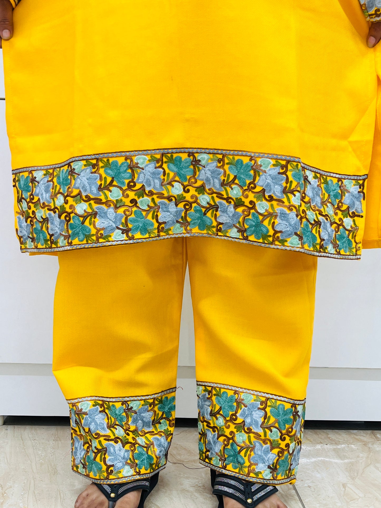 Yellow Kashmiri Aari Woollen Short Co-ord Set