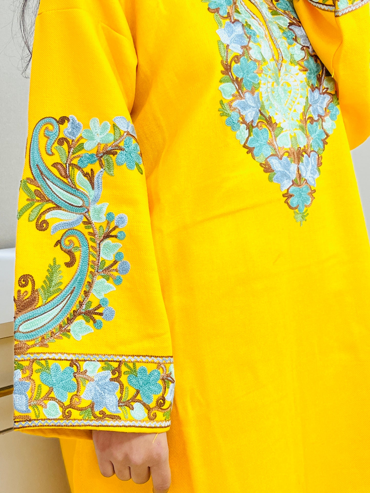 Yellow Kashmiri Aari Woollen Short Co-ord Set