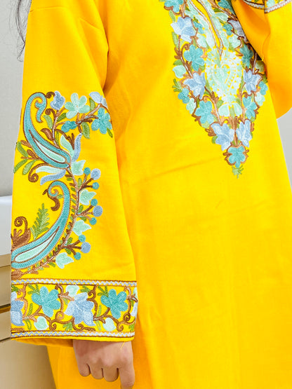 Yellow Kashmiri Aari Woollen Short Co-ord Set