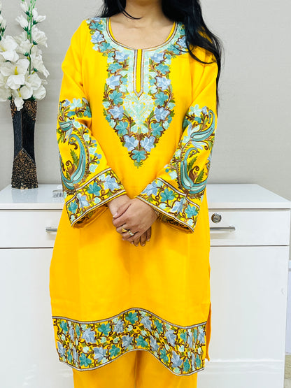 Yellow Kashmiri Aari Woollen Short Co-ord Set