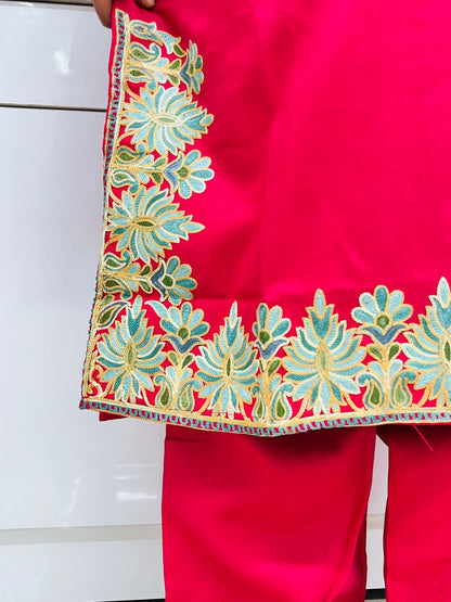 Hot Pink Kashmiri Aari Woollen Short Co-ord Set