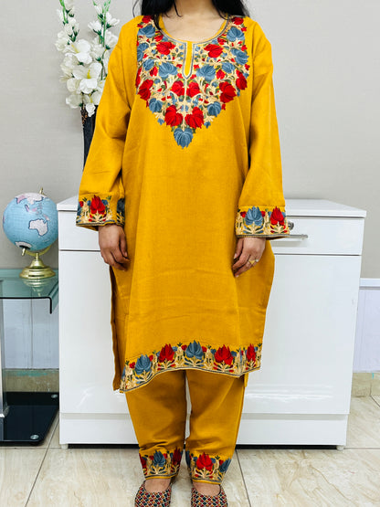 Mustard Kashmiri Aari Woollen Short Co-ord Set