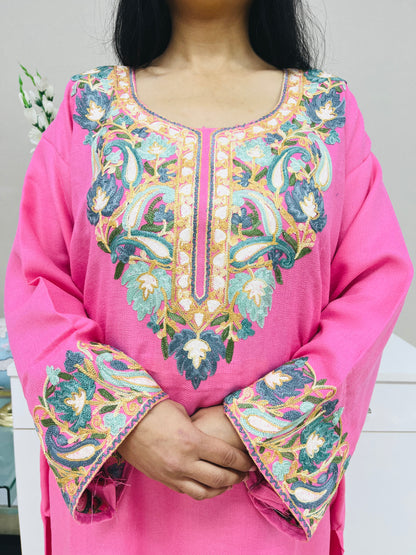 Pink Kashmiri Aari Woollen Short Co-ord Set