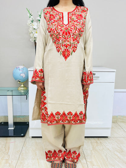 Beige Kashmiri Aari Woollen Short Co-ord Set