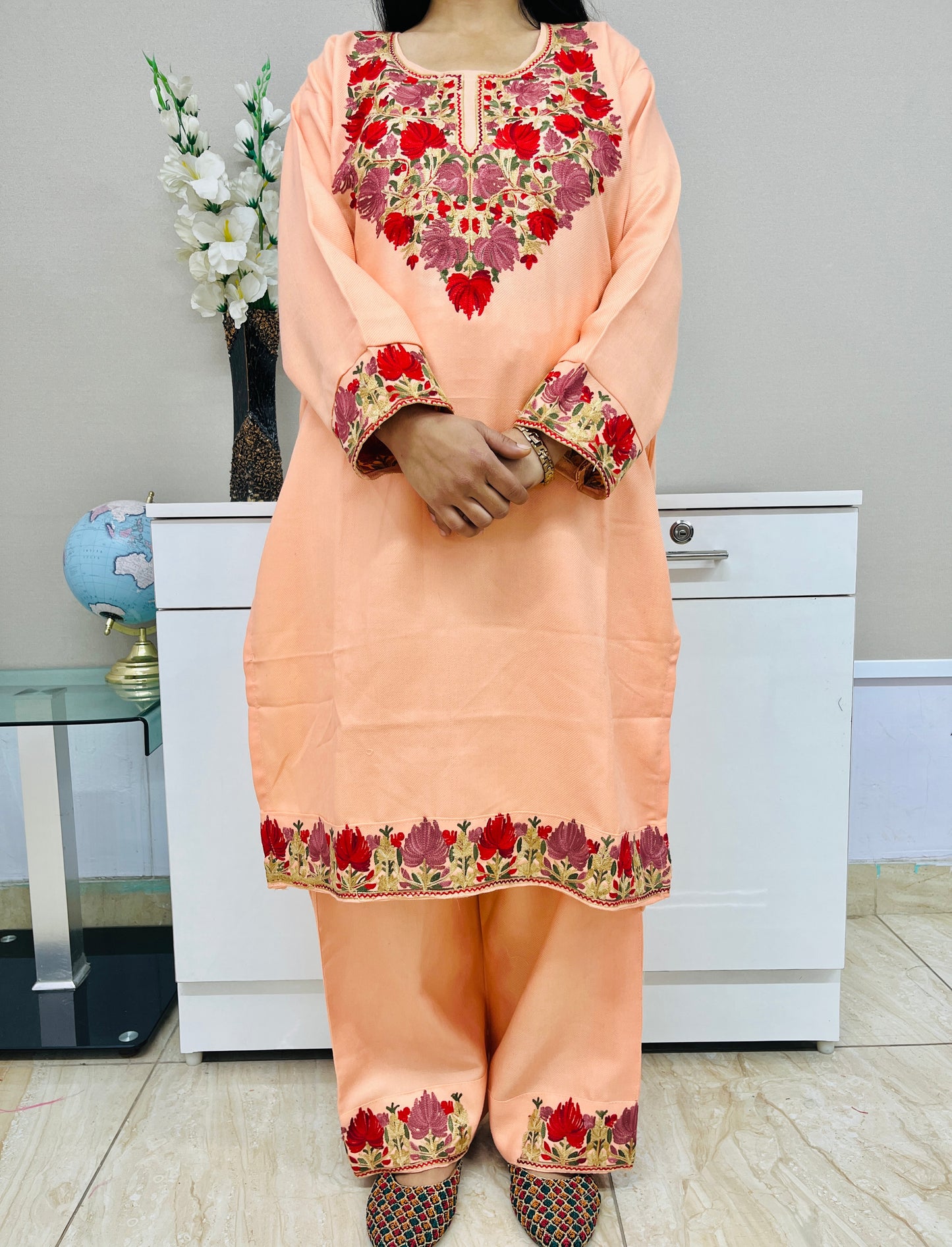 Coral Peach Kashmiri Aari Woollen Short Co-ord Set