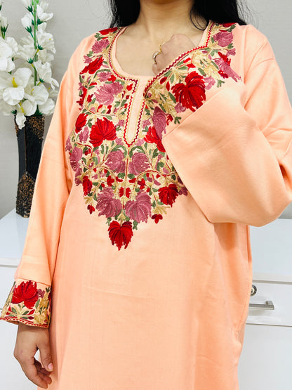 Coral Peach Kashmiri Aari Woollen Short Co-ord Set