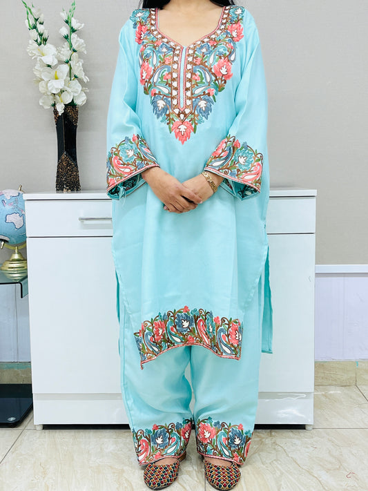 Sky Blue Kashmiri Aari Woollen Short Co-ord Set