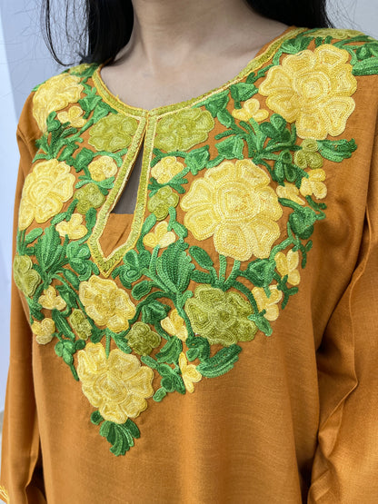 Naariy Mustard Embroidered Thread Work Cotton Straight Kurti