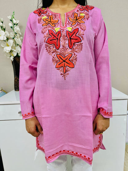 Naariy Pink with Multi-color Embroidered Thread Work Cotton Straight Kurti