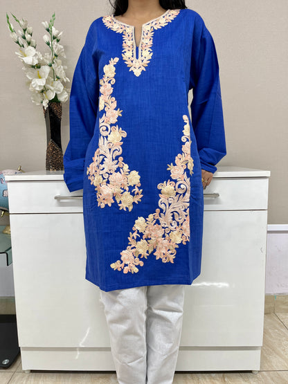 Naariy Blue with Beige Embroidered Thread Work Cotton Straight Kurti