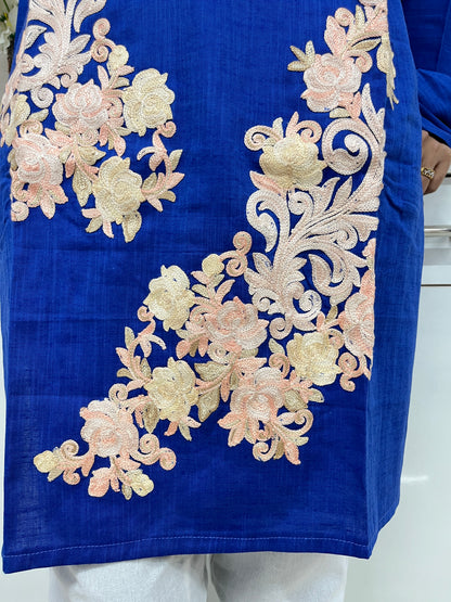 Naariy Blue with Beige Embroidered Thread Work Cotton Straight Kurti